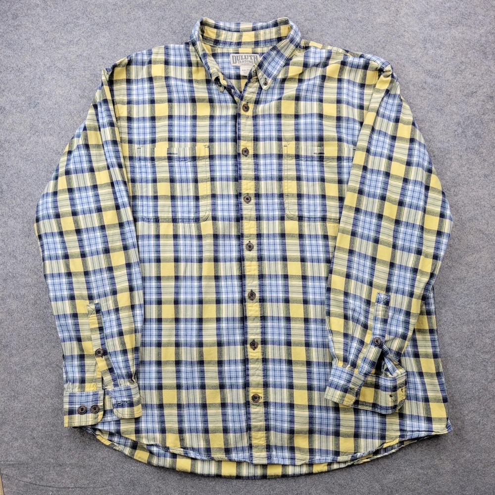 Duluth Trading Shirt Mens 2XL Tall Yellow Plaid Flannel Button Front Long Sleeve